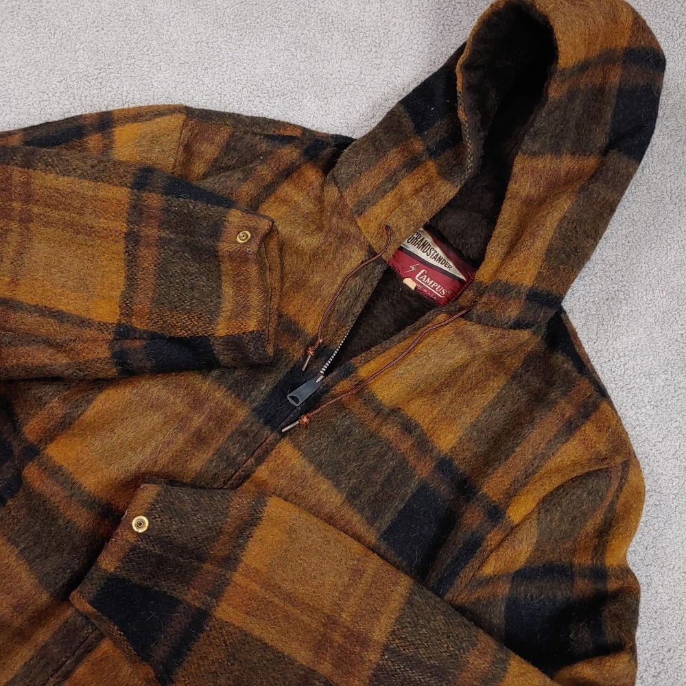 VINTAGE Campus Grandstander Jacket MENS SIZE 38, Brown Plaid Sherpa Lined Hooded